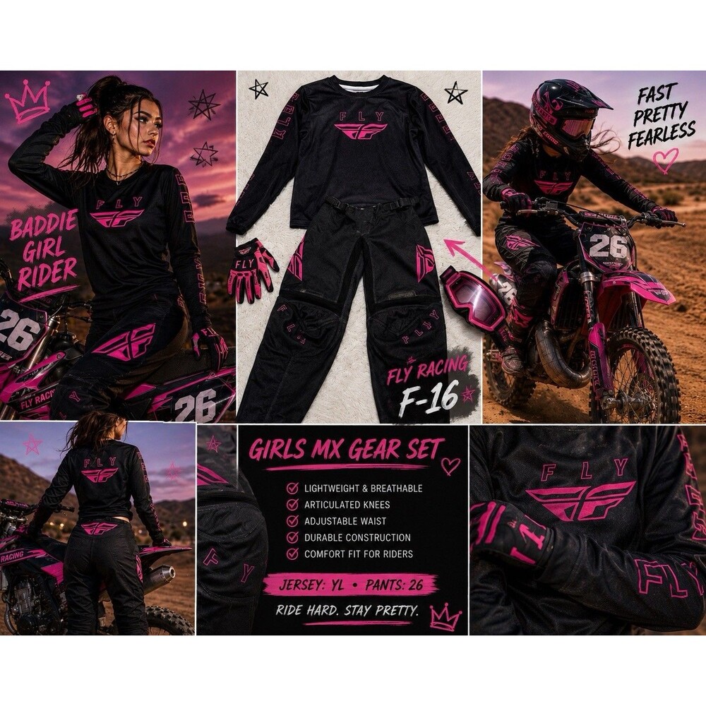 EUC Fly Racing F-16 Youth Girls MX Gear Set Black, Hot Pink Black Motocross BMX